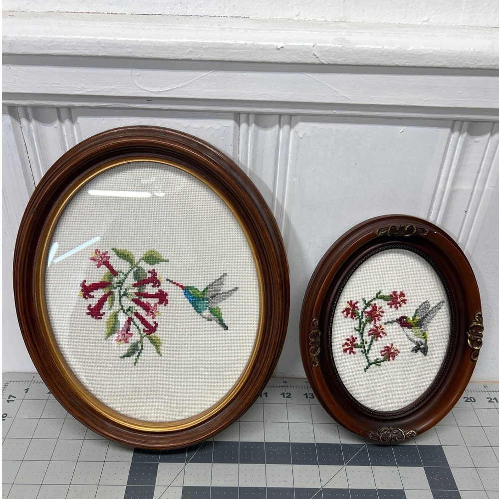Framed Hummingbird Cross Stitch Set 2 Oval Wall Art Handmade Vtg Cottagecore